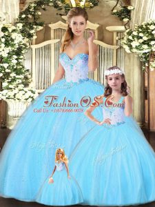 Aqua Blue Sleeveless Tulle Lace Up Quince Ball Gowns for Military Ball and Sweet 16 and Quinceanera