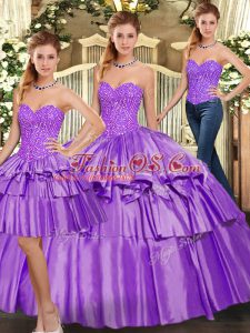 New Arrival Floor Length Lace Up Quinceanera Gown Eggplant Purple for Military Ball and Sweet 16 and Quinceanera with Beading and Ruffled Layers