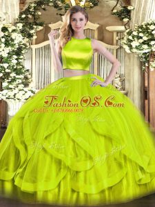 Free and Easy Yellow Green Criss Cross High-neck Ruffles Quince Ball Gowns Tulle Sleeveless