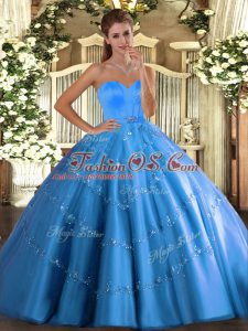 Baby Blue Lace Up Sweetheart Beading and Appliques Quinceanera Gowns Tulle Sleeveless