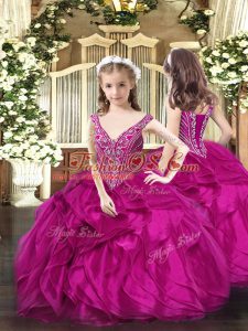 Gorgeous V-neck Sleeveless Lace Up Kids Formal Wear Fuchsia Organza