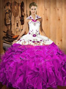 Modern Fuchsia 15 Quinceanera Dress Military Ball and Sweet 16 and Quinceanera with Embroidery and Ruffles Halter Top Sleeveless Lace Up