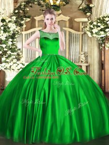 Inexpensive Green Ball Gowns Scoop Sleeveless Satin Floor Length Zipper Beading Sweet 16 Dress