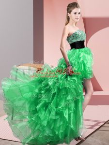 Cheap Sleeveless Organza High Low Lace Up Prom Party Dress in Green with Beading and Ruffles