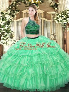 Extravagant Beading and Ruffled Layers Ball Gown Prom Dress Apple Green Zipper Sleeveless Floor Length