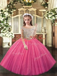 Low Price Hot Pink Ball Gowns Beading Little Girls Pageant Dress Wholesale Lace Up Tulle Sleeveless Floor Length