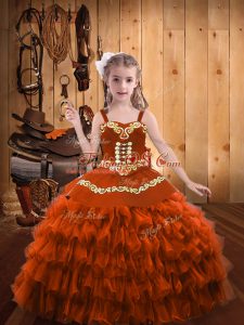 Straps Sleeveless Little Girl Pageant Gowns Floor Length Embroidery and Ruffled Layers Rust Red Organza