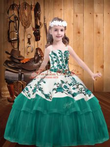 Turquoise Ball Gowns Embroidery Little Girls Pageant Gowns Lace Up Organza Sleeveless