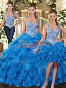 Free and Easy Teal Straps Neckline Beading and Ruffles Vestidos de Quinceanera Sleeveless Lace Up