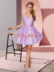 Captivating A-line Bridesmaid Gown Lavender Off The Shoulder Tulle Sleeveless Mini Length Zipper