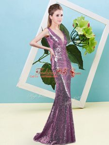 Lilac Dress for Prom Prom and Party with Sequins V-neck Sleeveless Zipper