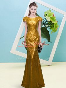 Gold Mermaid Scoop Cap Sleeves Sequined Floor Length Zipper Sequins Prom Dress