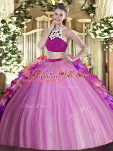 Lilac Quince Ball Gowns Military Ball and Sweet 16 and Quinceanera with Beading and Ruffles High-neck Sleeveless Backless