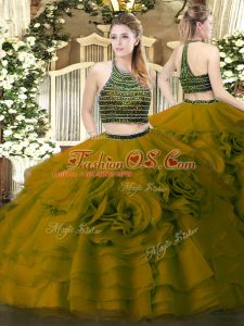 Enchanting Olive Green Zipper 15th Birthday Dress Beading and Ruffled Layers Sleeveless Floor Length