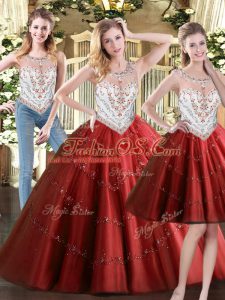 Pretty Sleeveless Floor Length Beading Zipper Ball Gown Prom Dress with Wine Red