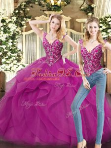 Fuchsia Ball Gowns Beading and Ruffles 15 Quinceanera Dress Lace Up Organza Sleeveless Floor Length