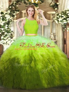 Perfect Organza Scoop Sleeveless Zipper Lace and Ruffles Sweet 16 Dresses in Olive Green