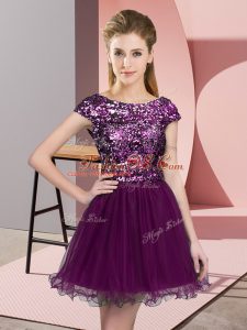 Customized Cap Sleeves Mini Length Sequins Zipper Quinceanera Court Dresses with Purple