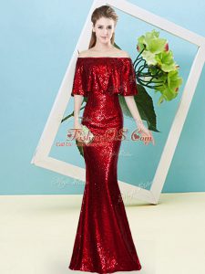 New Style Wine Red Off The Shoulder Zipper Sequins Prom Gown Half Sleeves