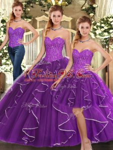 Exceptional Eggplant Purple Sweetheart Lace Up Beading and Ruffles 15 Quinceanera Dress Sleeveless