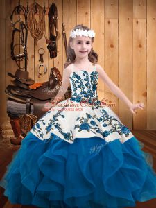 Discount Blue Straps Lace Up Embroidery and Ruffles Little Girl Pageant Dress Sleeveless