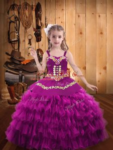 Custom Made Fuchsia Straps Lace Up Embroidery and Ruffled Layers Little Girl Pageant Dress Sleeveless