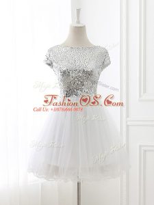 Nice White Quinceanera Court Dresses Prom and Party and Wedding Party with Sequins Scoop Cap Sleeves Zipper