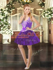 Purple Ball Gowns Beading and Ruffles Prom Party Dress Lace Up Organza Sleeveless Mini Length