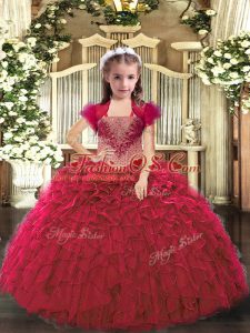 Red Straps Neckline Beading and Ruffles Little Girls Pageant Dress Wholesale Sleeveless Lace Up