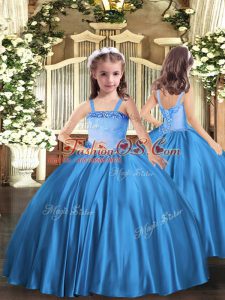 Baby Blue Sleeveless Satin Lace Up Winning Pageant Gowns for Party and Quinceanera