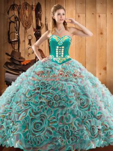 Lovely Multi-color Lace Up Sweetheart Embroidery Quinceanera Gown Satin and Fabric With Rolling Flowers Sleeveless Sweep Train