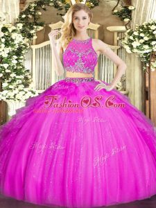 Latest Sleeveless Floor Length Beading and Ruffles Zipper Quinceanera Gowns with Fuchsia