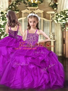 Straps Sleeveless Lace Up Child Pageant Dress Fuchsia Organza