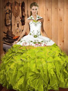 Olive Green Ball Gowns Halter Top Sleeveless Satin and Organza Floor Length Lace Up Embroidery and Ruffles Ball Gown Prom Dress