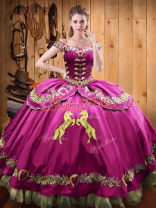 Trendy Fuchsia Sleeveless Floor Length Beading and Embroidery Lace Up Sweet 16 Dresses