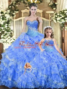 Romantic Baby Blue Ball Gowns Beading and Ruffles and Ruching Quinceanera Dress Lace Up Tulle Sleeveless Floor Length