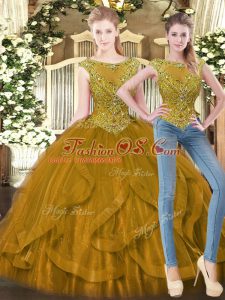 Ideal Sleeveless Floor Length Beading and Ruffles Zipper Quinceanera Gowns with Brown