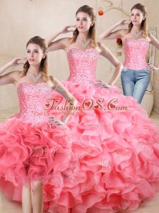 Custom Made Sleeveless Floor Length Beading and Ruffles Lace Up Quinceanera Dress with Watermelon Red