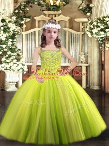 Sweet Straps Sleeveless Little Girls Pageant Dress Wholesale Floor Length Beading Yellow Green Tulle