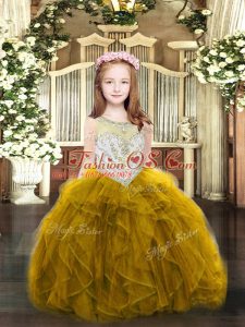 Sleeveless Zipper Floor Length Beading and Ruffles Little Girls Pageant Dress