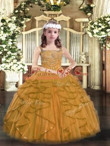 Straps Sleeveless Pageant Gowns For Girls Floor Length Beading and Ruffles Brown Tulle