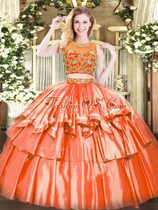 High Class Orange Red Tulle Zipper 15 Quinceanera Dress Sleeveless Floor Length Beading and Ruffled Layers