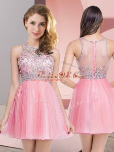 Elegant Scoop Sleeveless Zipper Evening Dress Rose Pink Tulle