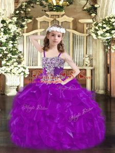 Floor Length Ball Gowns Sleeveless Purple Little Girl Pageant Gowns Lace Up