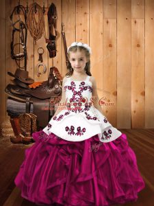 Beauteous Floor Length Fuchsia Little Girls Pageant Gowns Organza Sleeveless Embroidery and Ruffles