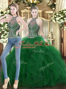 Dark Green Two Pieces Organza High-neck Sleeveless Beading and Ruffles Floor Length Lace Up Quince Ball Gowns