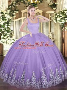 Sleeveless Floor Length Appliques Zipper Quince Ball Gowns with Lavender