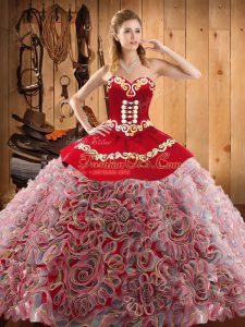 Free and Easy Sweetheart Sleeveless Ball Gown Prom Dress With Train Sweep Train Embroidery Multi-color Satin and Fabric With Rolling Flowers