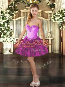 Spectacular Fuchsia Organza Lace Up Prom Gown Sleeveless Mini Length Beading and Ruffles