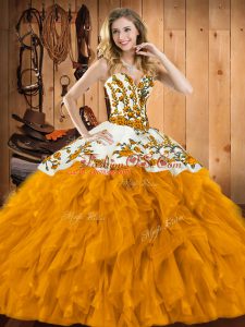 Cheap Gold Sweetheart Neckline Embroidery and Ruffles Sweet 16 Dress Sleeveless Lace Up